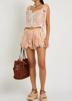 Floral-print lace-trim silk top