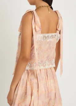 Floral-print lace-trim silk top