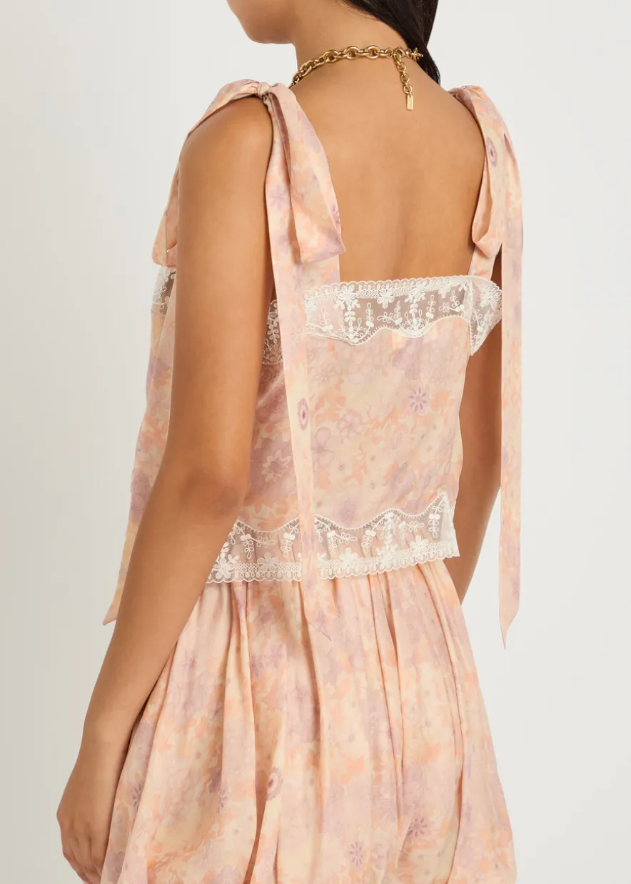 Floral-print lace-trim silk top