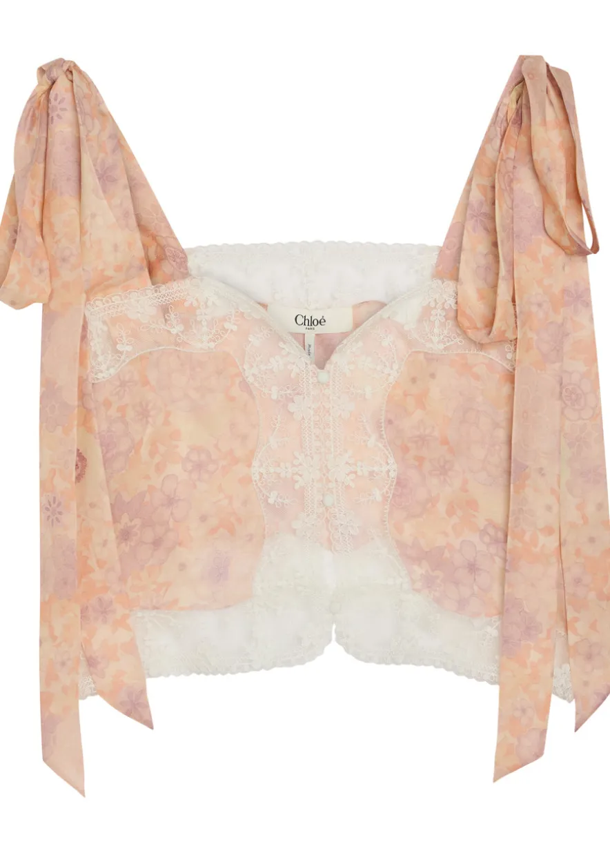 Floral-print lace-trim silk top