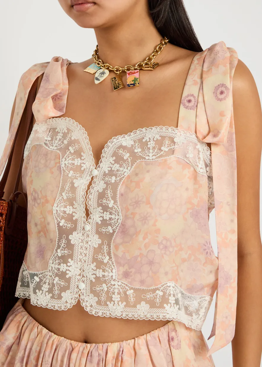 Floral-print lace-trim silk top