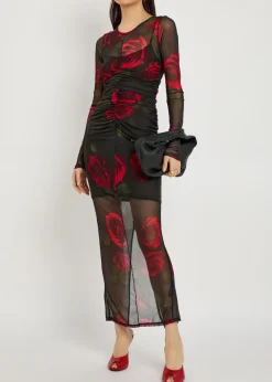 Floral-print ruched mesh maxi dress