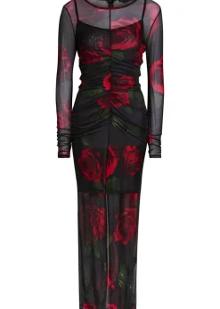 Floral-print ruched mesh maxi dress