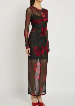 Floral-print ruched mesh maxi dress