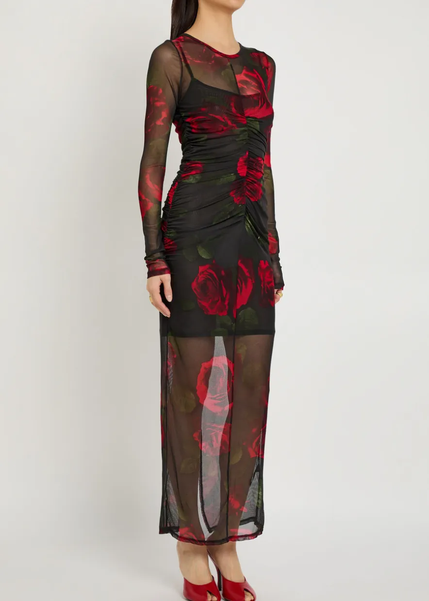 Floral-print ruched mesh maxi dress