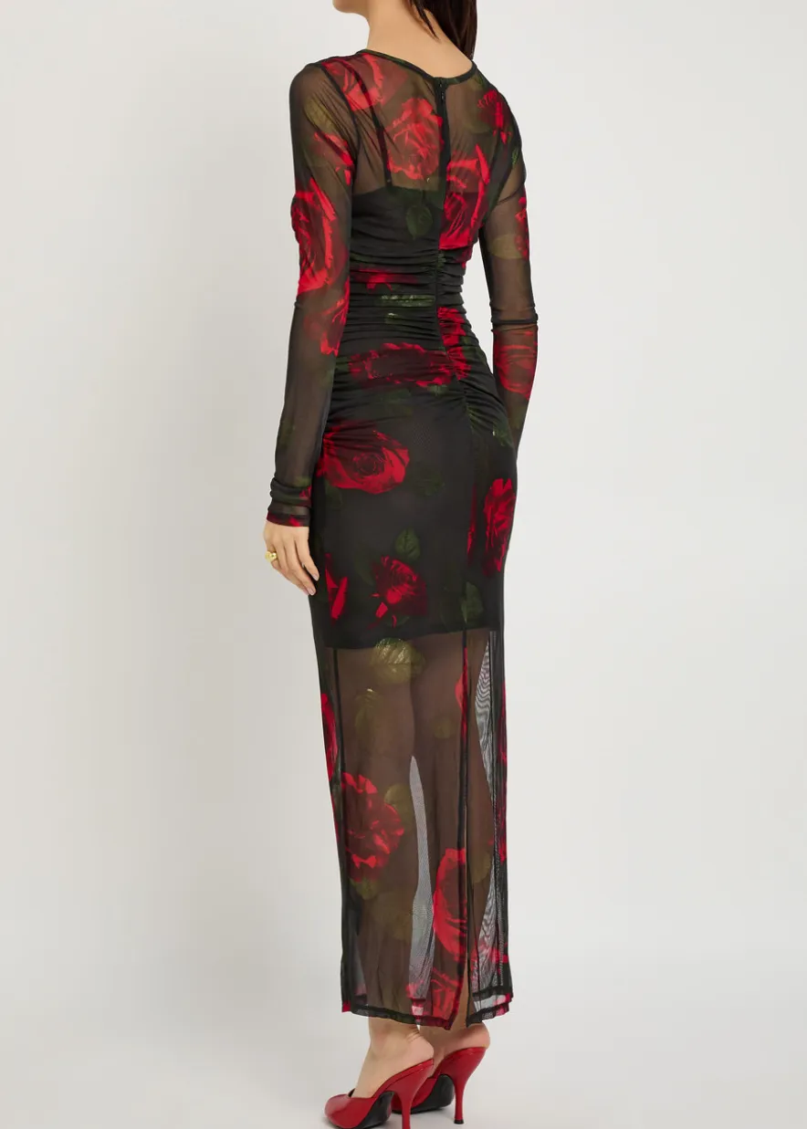 Floral-print ruched mesh maxi dress