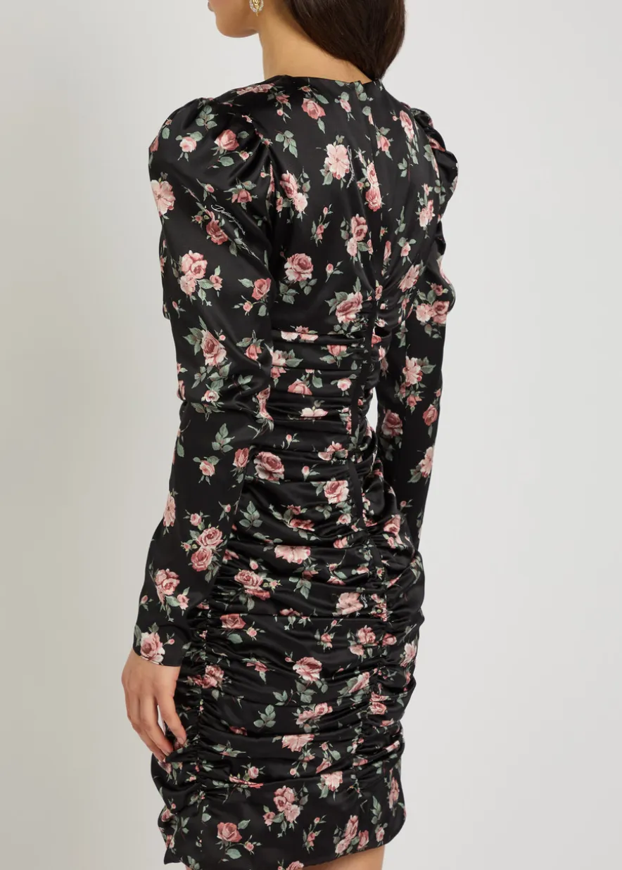 Floral-print ruched stretch-silk mini dress