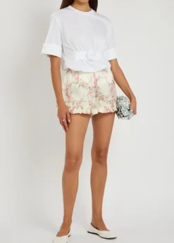 Floral-print ruffled stretch-satin shorts