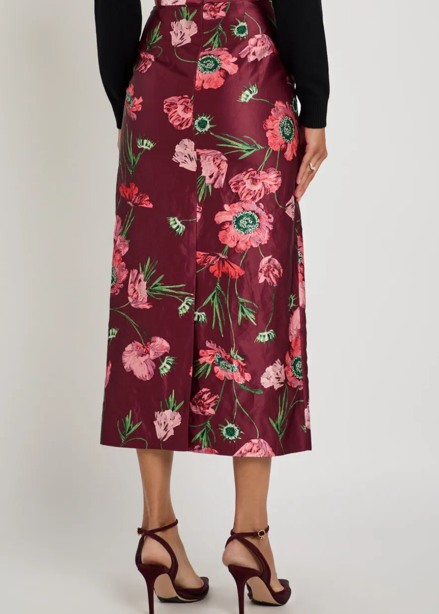 Floral-print satin midi pencil skirt