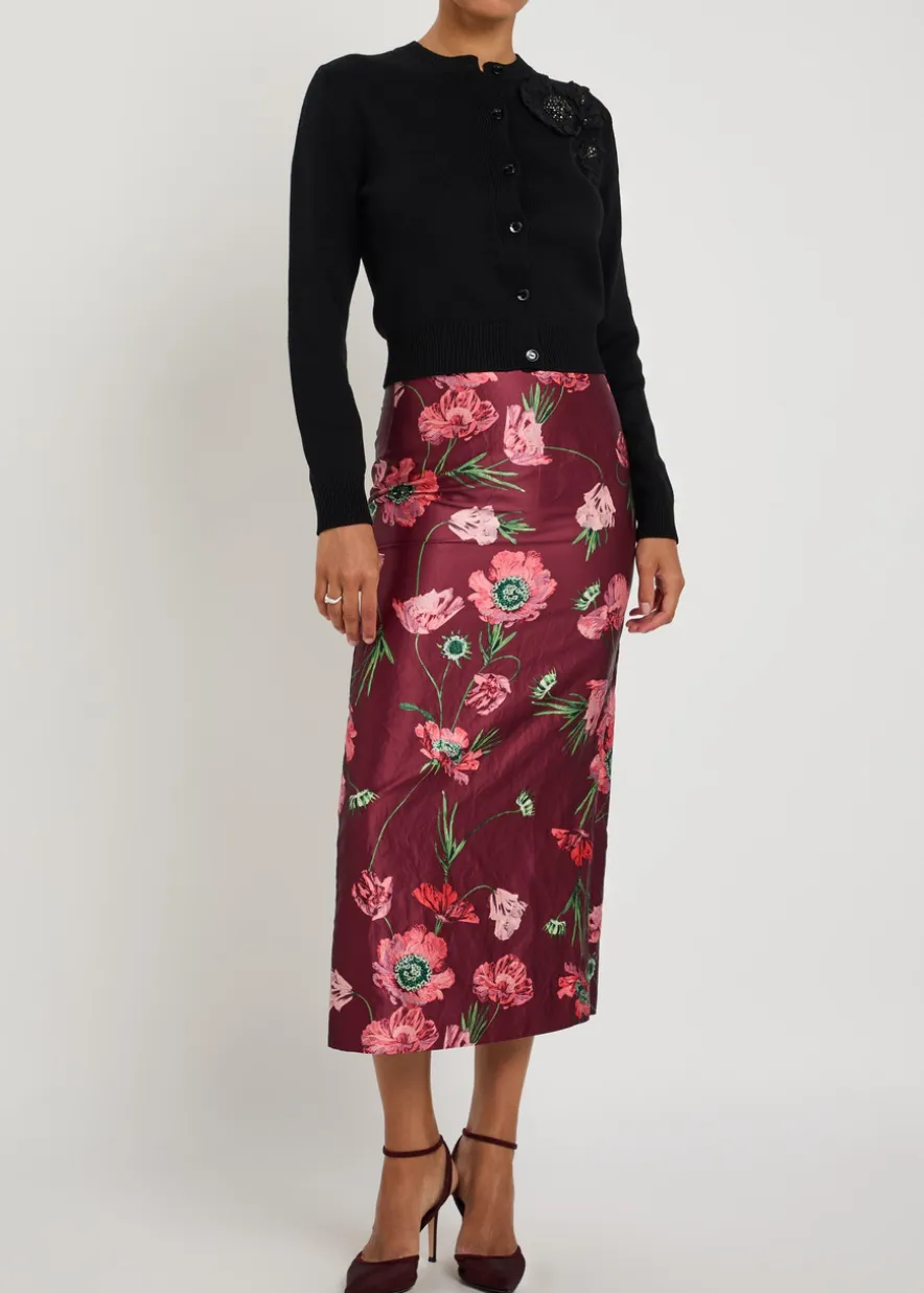 Floral-print satin midi pencil skirt