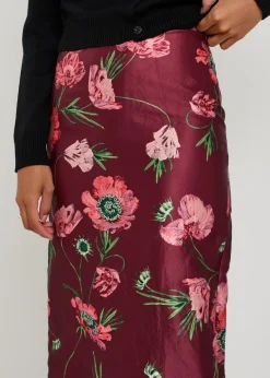 Floral-print satin midi pencil skirt
