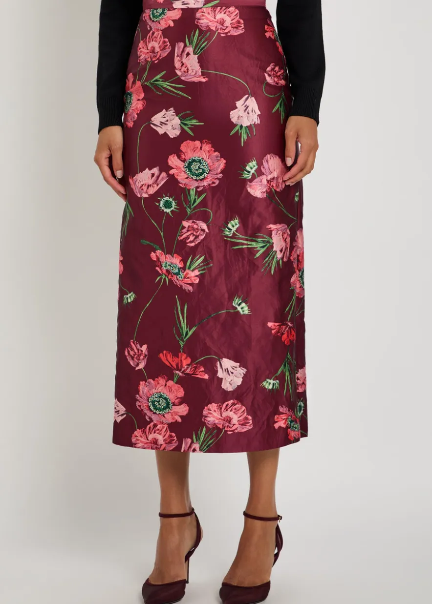 Floral-print satin midi pencil skirt