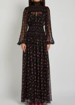 Floral-print shirred silk maxi dress