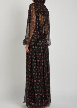 Floral-print shirred silk maxi dress