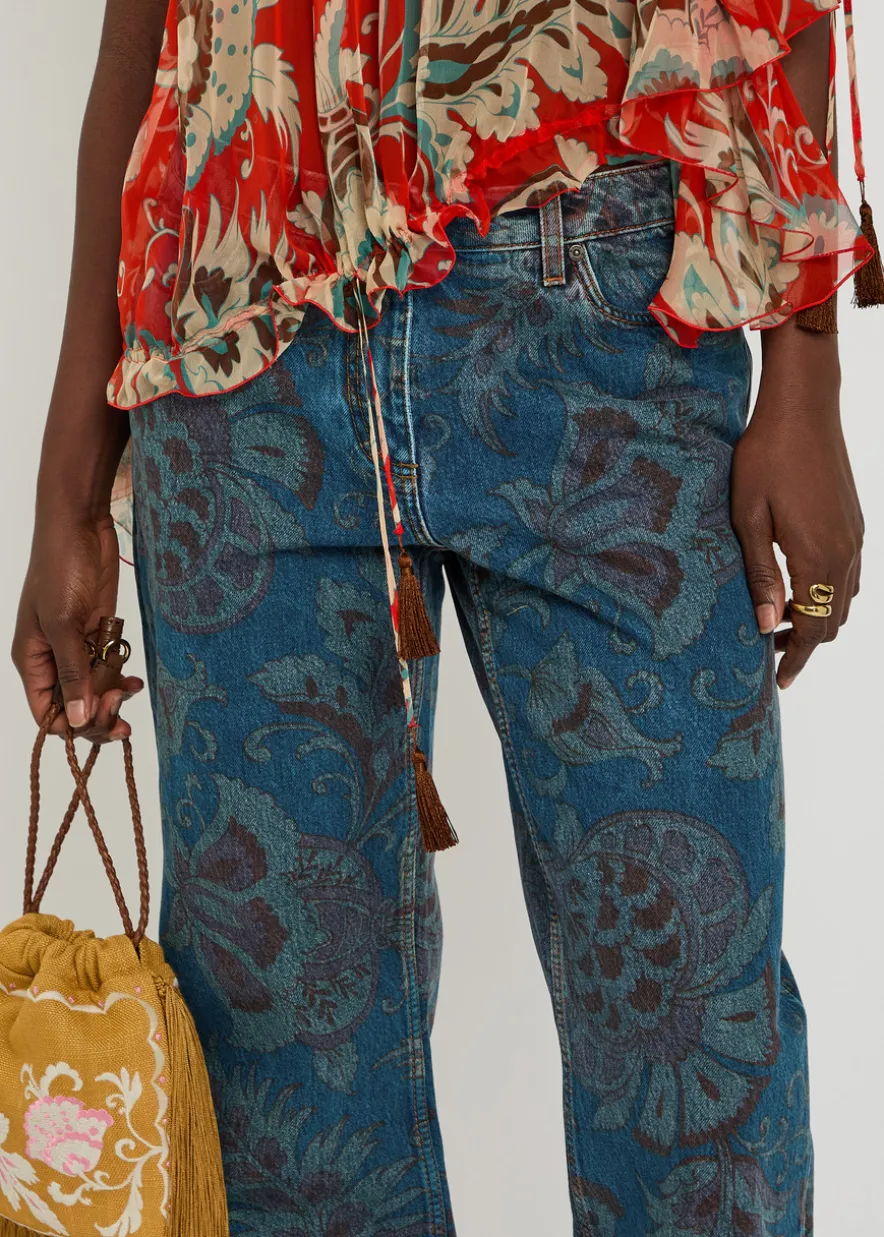 Floral-print straight-leg denim jeans