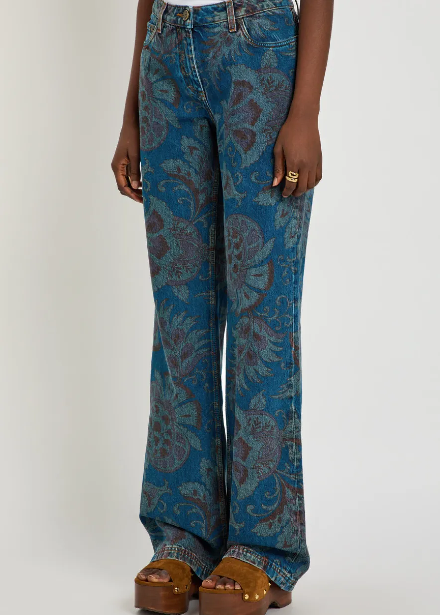 Floral-print straight-leg denim jeans