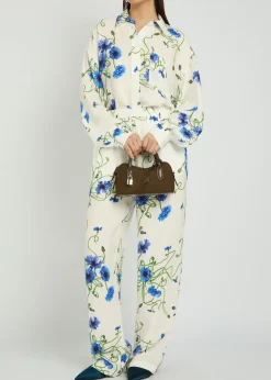 Floral Print straight-leg textured satin trousers