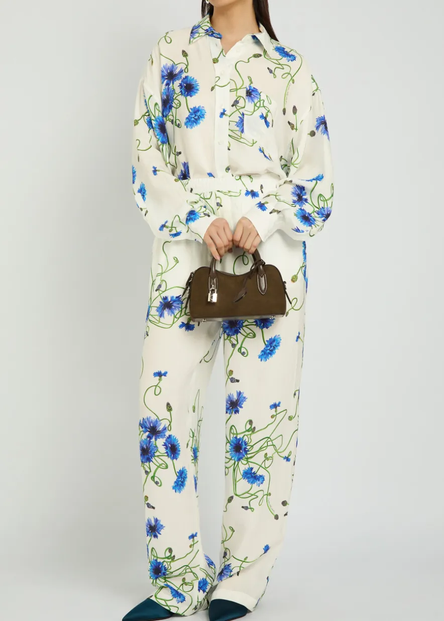 Floral Print straight-leg textured satin trousers