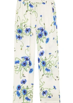 Floral Print straight-leg textured satin trousers