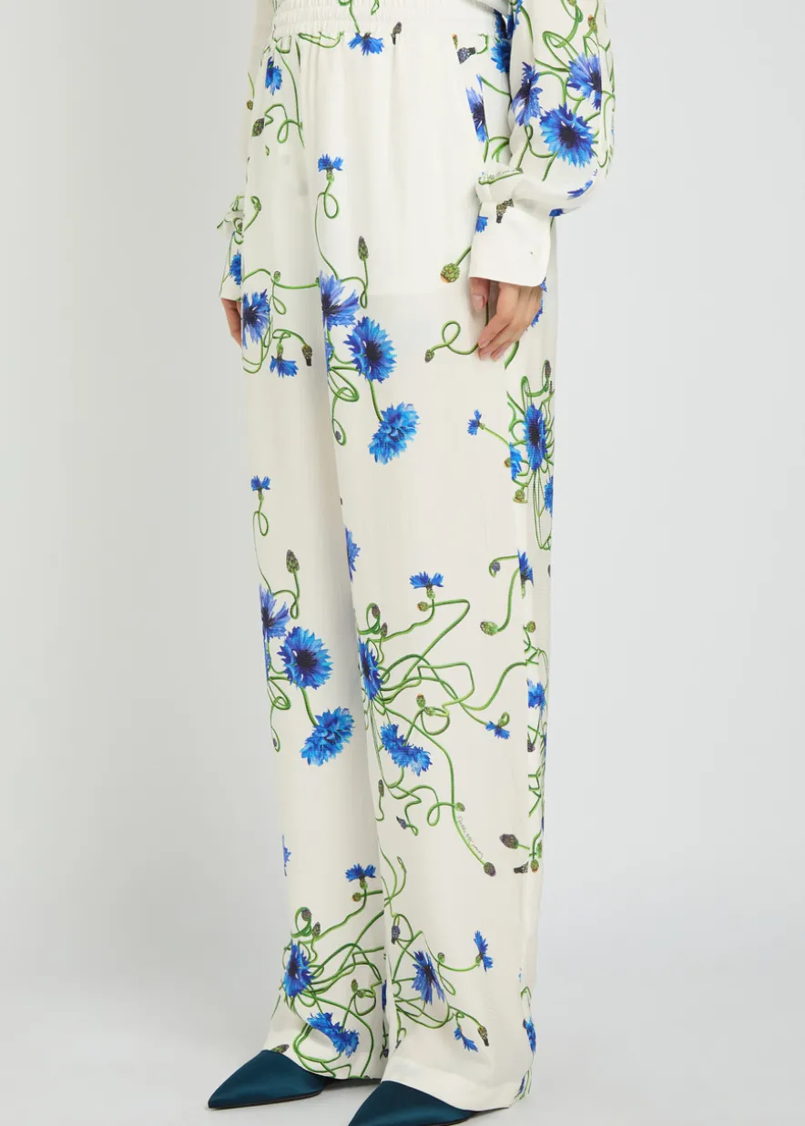 Floral Print straight-leg textured satin trousers