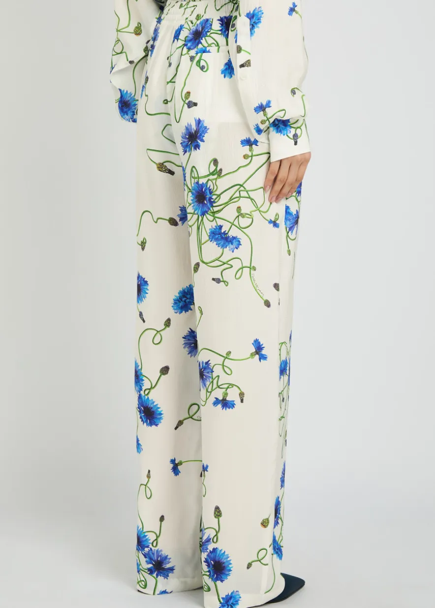 Floral Print straight-leg textured satin trousers