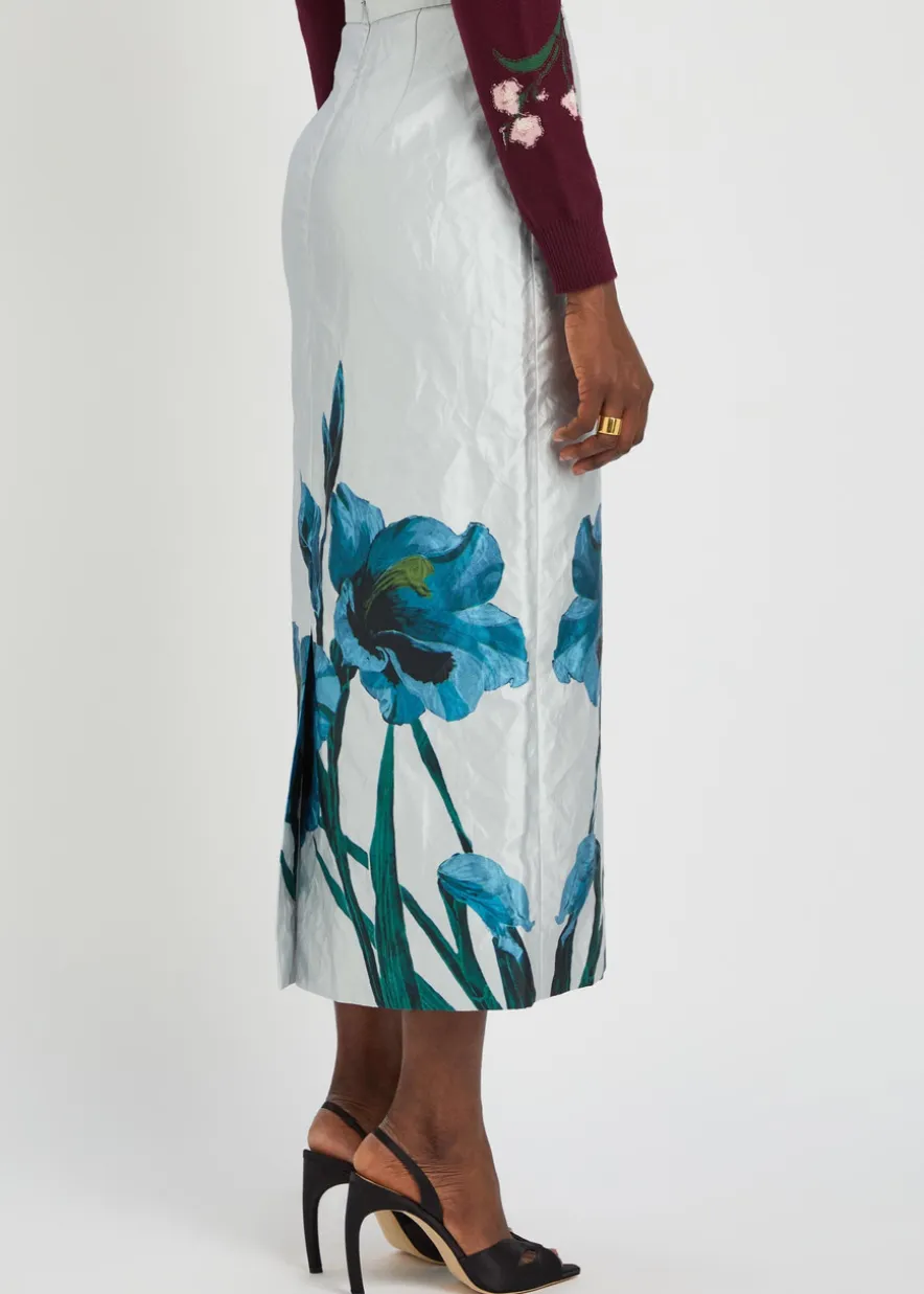 Floral-print textured satin midi skirt