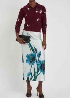 Floral-print textured satin midi skirt