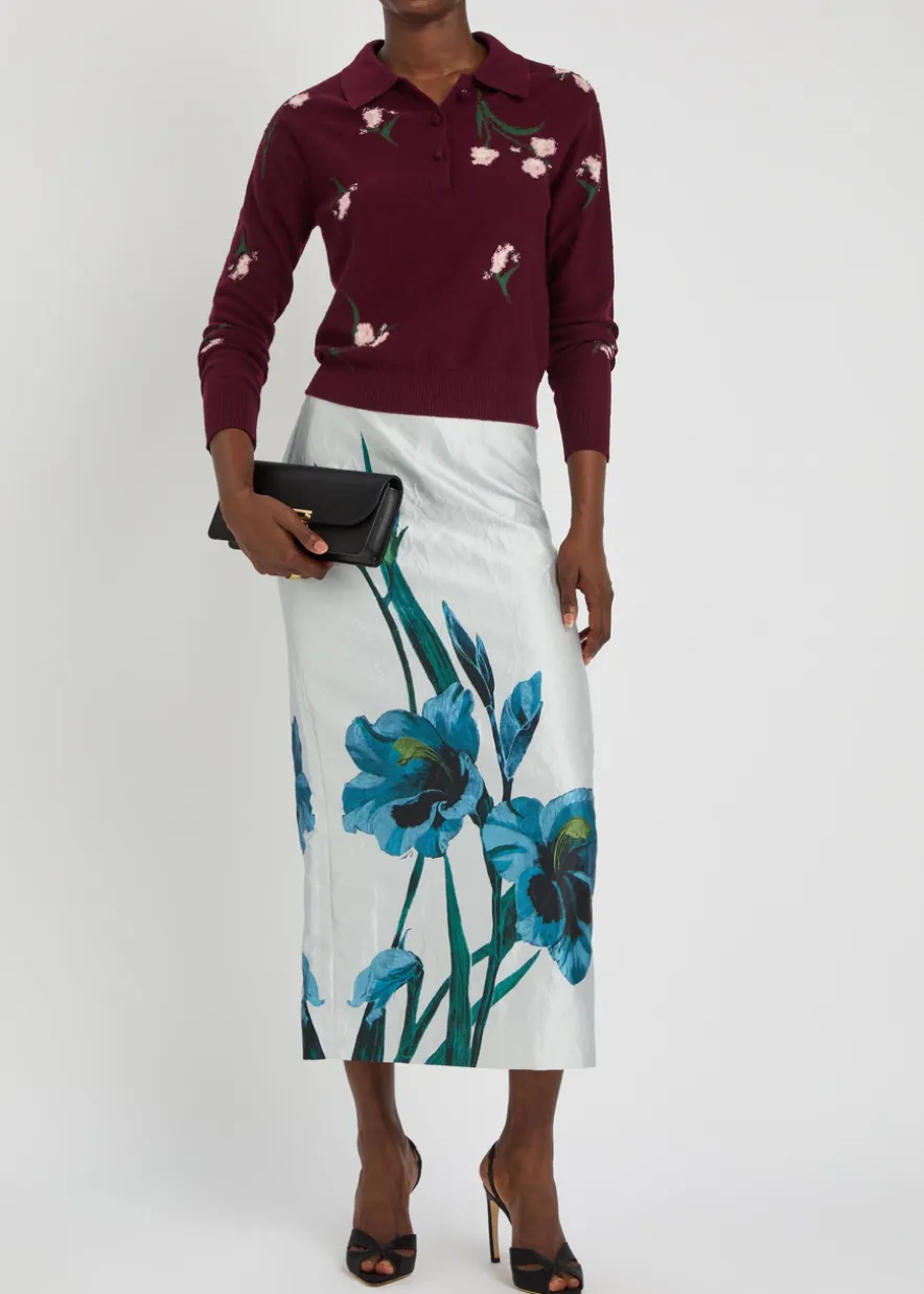 Floral-print textured satin midi skirt