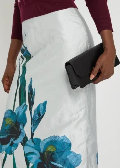 Floral-print textured satin midi skirt