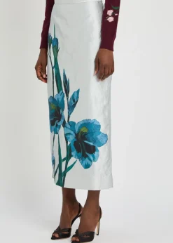 Floral-print textured satin midi skirt