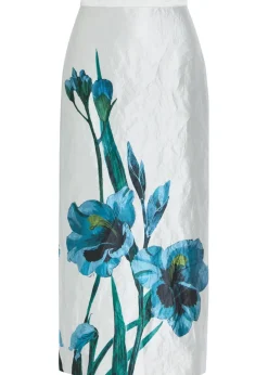 Floral-print textured satin midi skirt