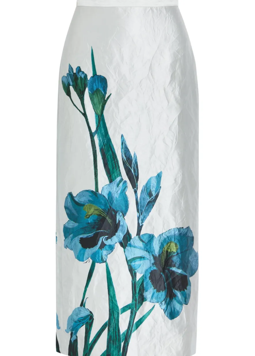 Floral-print textured satin midi skirt