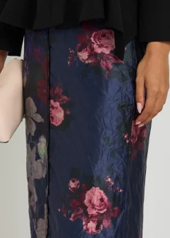 Floral-print textured satin midi skirt