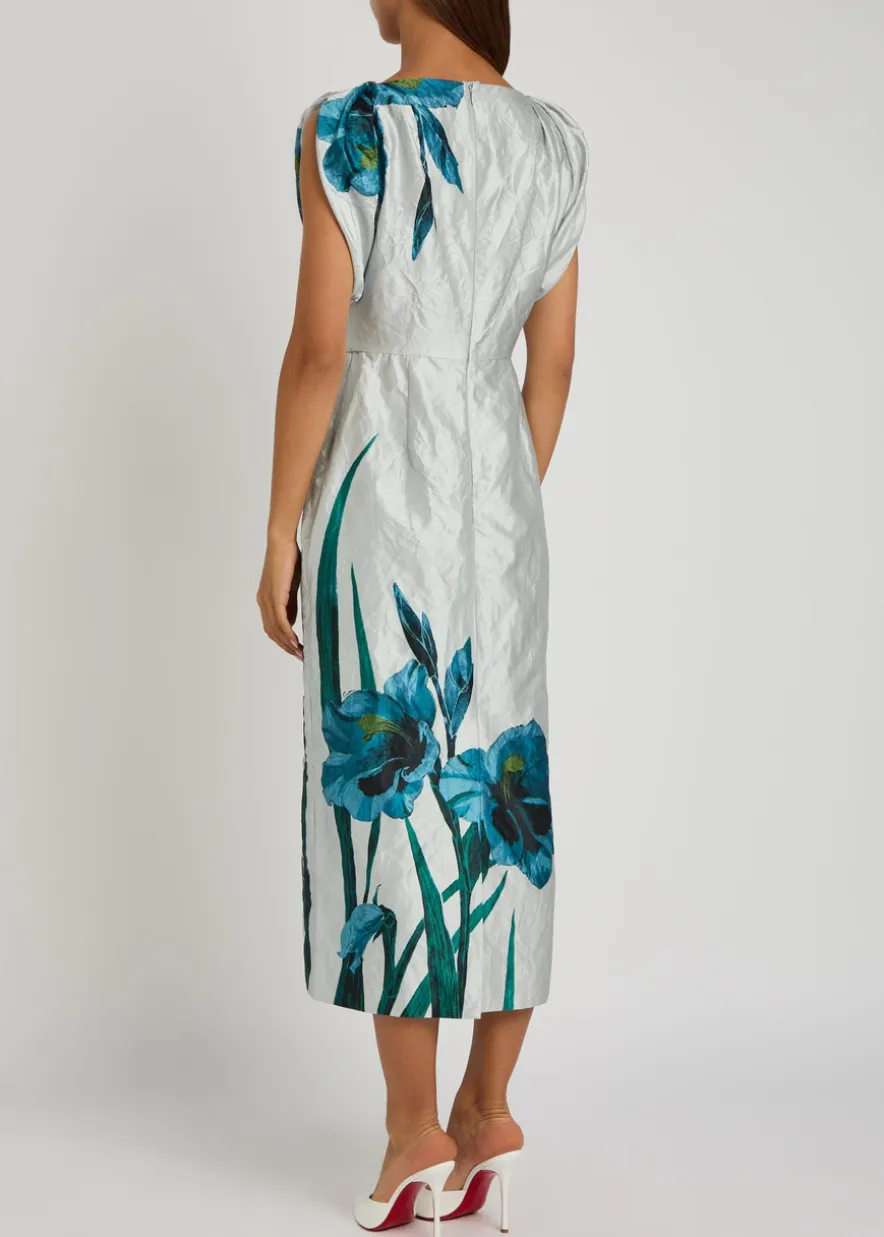 Floral-print textured satin midi dress