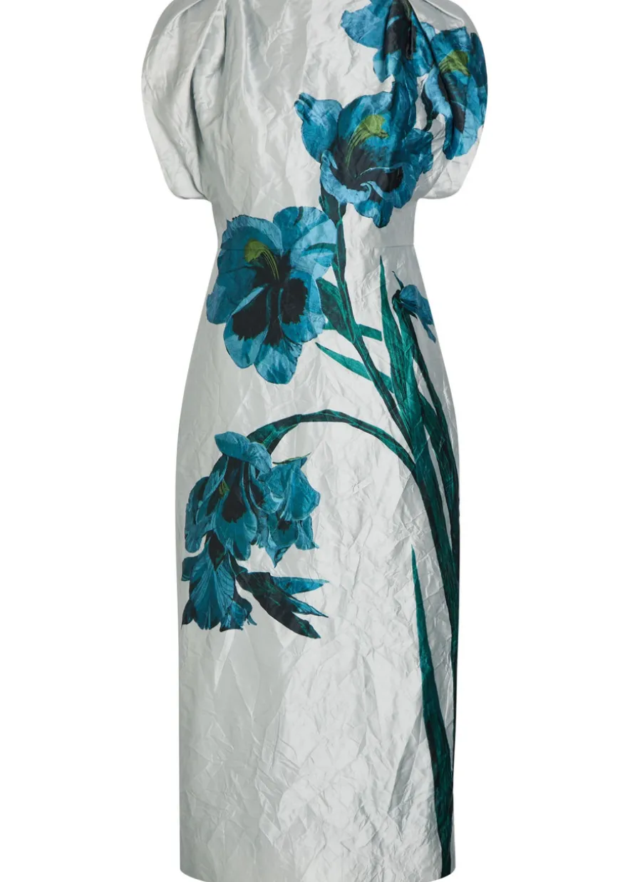 Floral-print textured satin midi dress