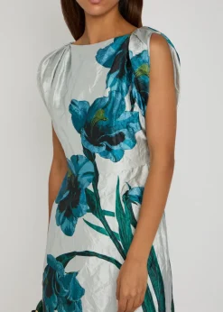 Floral-print textured satin midi dress