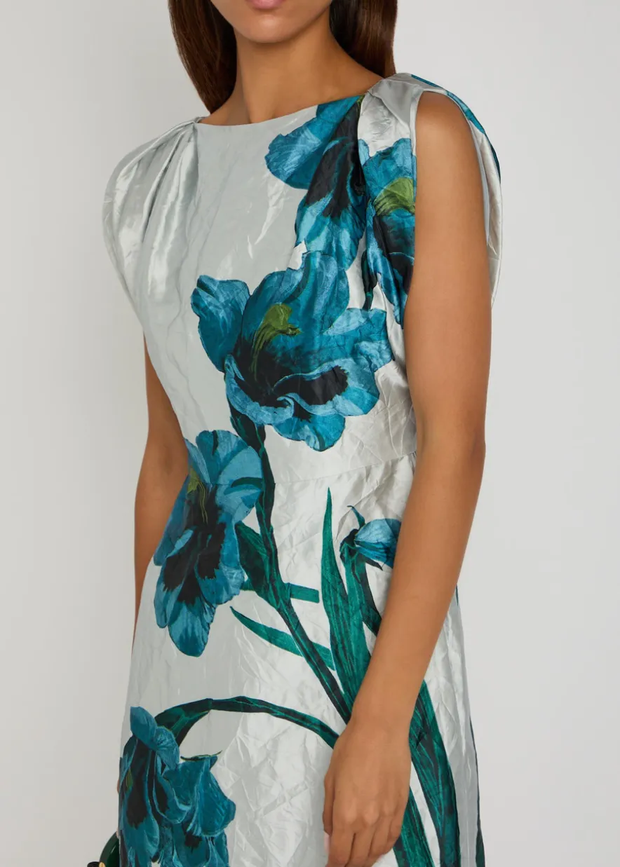 Floral-print textured satin midi dress
