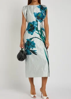 Floral-print textured satin midi dress
