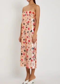 Floral strapless sequin midi dress
