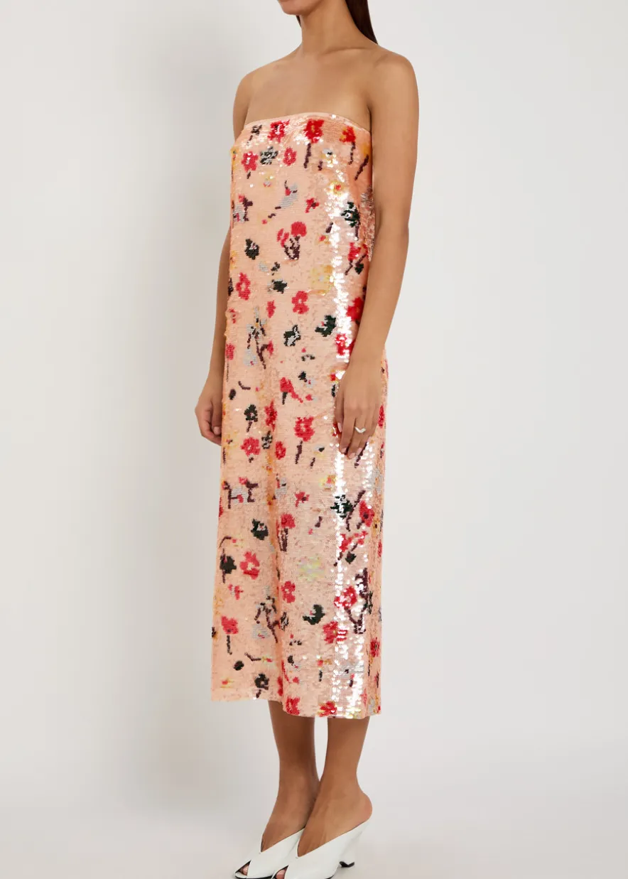 Floral strapless sequin midi dress