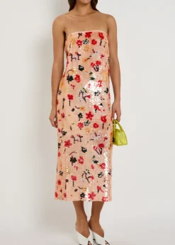 Floral strapless sequin midi dress