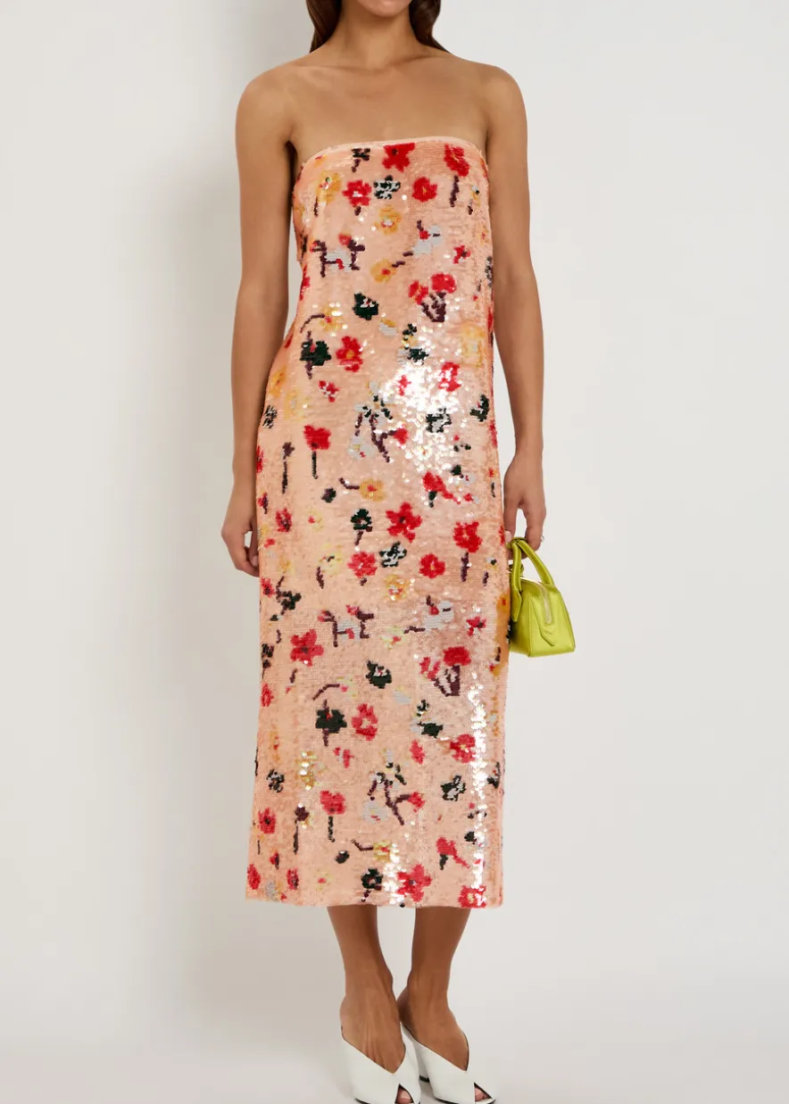 Floral strapless sequin midi dress