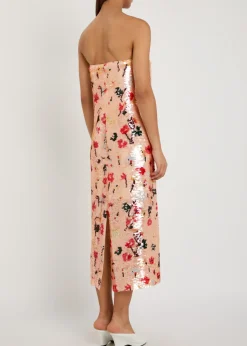 Floral strapless sequin midi dress