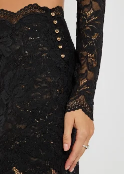 Floral stretch-guipure lace midi skirt