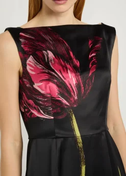 Floral wide-neck satin gown