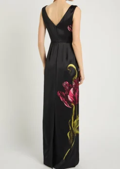 Floral wide-neck satin gown