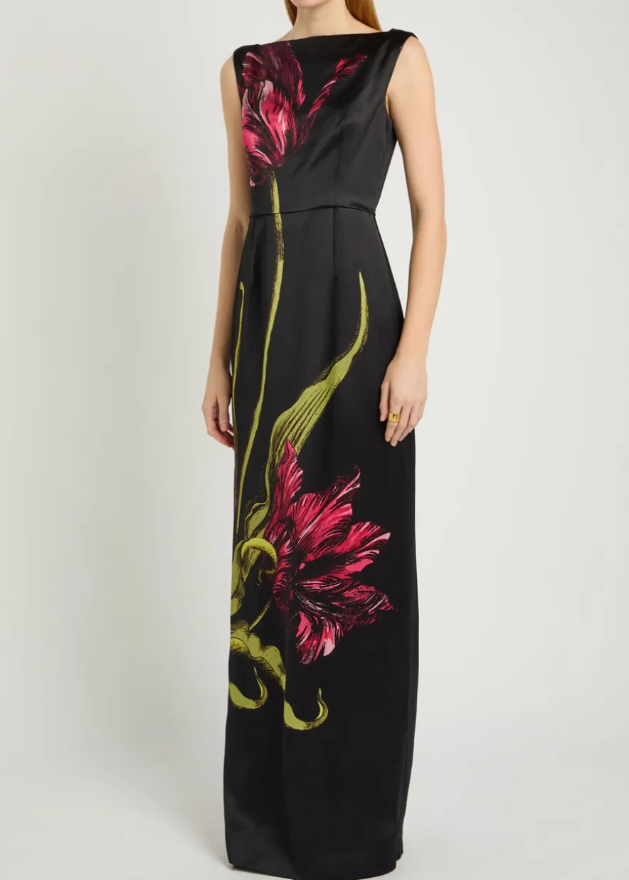 Floral wide-neck satin gown