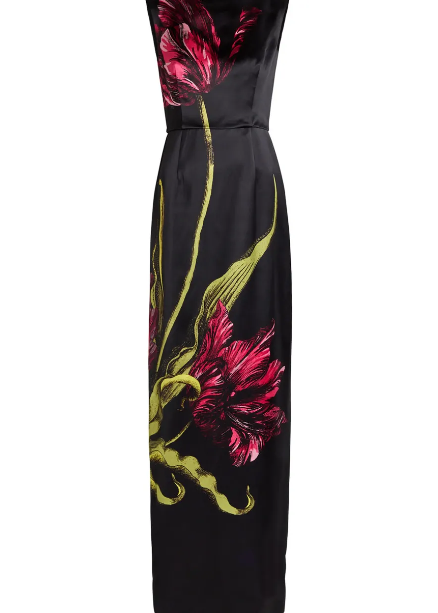 Floral wide-neck satin gown