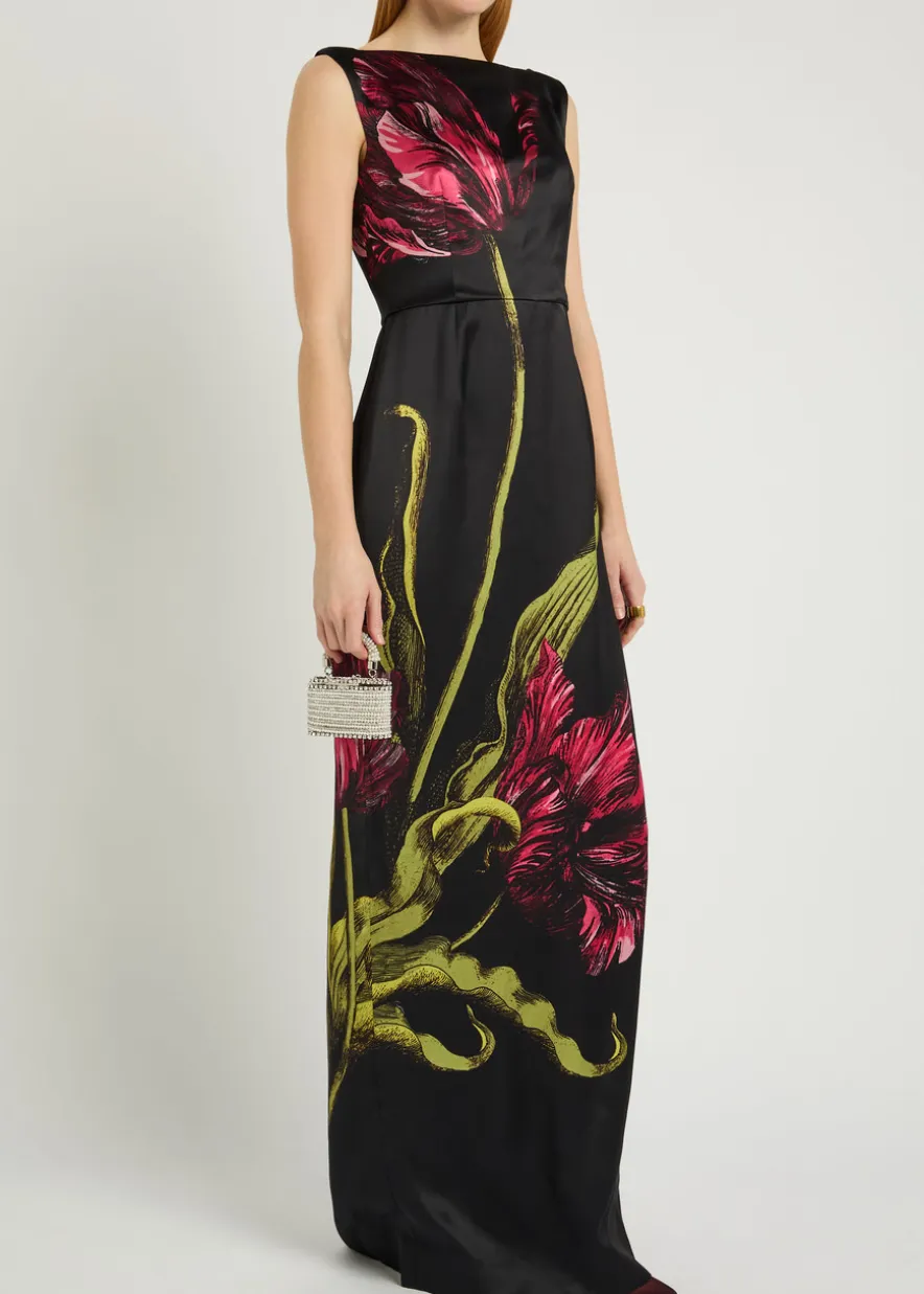 Floral wide-neck satin gown