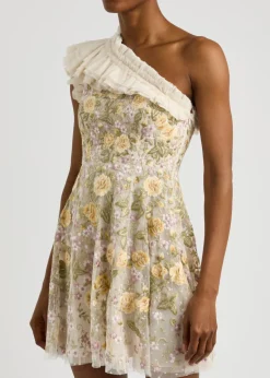 Florine one-shoulder embroidered tulle mini dress